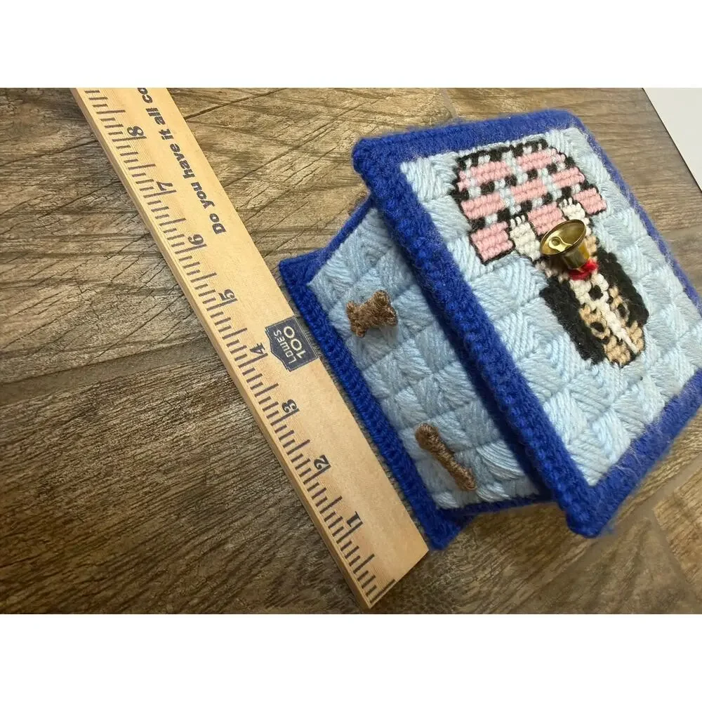 Baby blue dog bone treat Box Holder Cover Cross Stitch Handmade